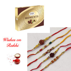 Ferrero Rocher Moments Box with Set of 5 Rudraksh, Pearls, AD and Beads Rakhi