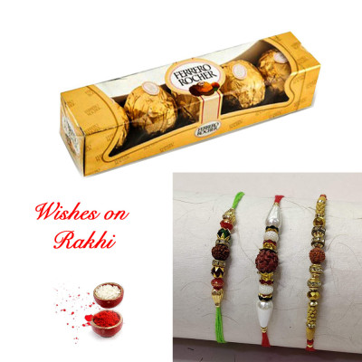 04 Pcs Ferrero Rocher Box with Set of 3 Rudraksha and Beads Rakhi