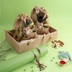 MDF Tray with 2 Dryfruit Pouches of Peacock Feathers Rakhi Hamper