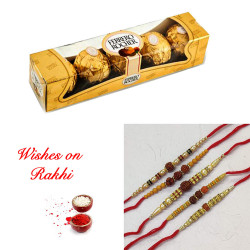 04 Pcs Ferrero Rocher Box with Set of 5 Rudraksha and Multicolor Beads Rakhi