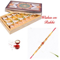 Kaju Katli + Rolls with Handcrafted Rudraksh Rakhi