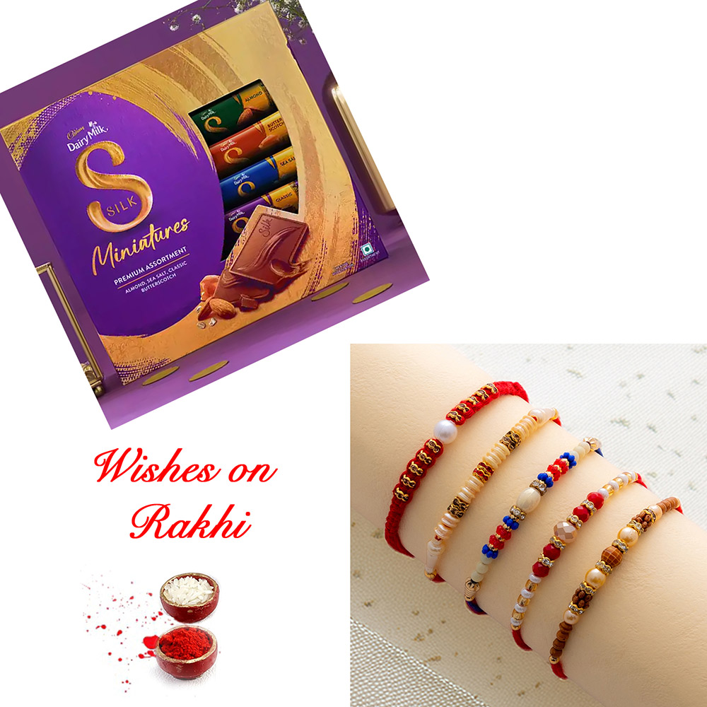 Festive 5 Rakhi Set with Cadbury Silk Miniatures Festive 5 Rakhi Set with Cadbury Silk Miniatures