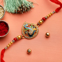 Beautiful Colourful Meenawork Peacock Rakhi with Golden Beads