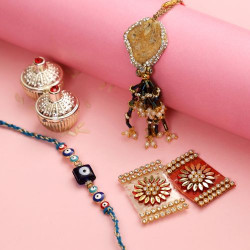 Hand Curated in style with Evils Eye and Natural Lucky Charm stone Bhaiya Bhabhi Rakhi set with Box