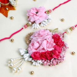 Beautiful Red and Pink Rosy Bhaiya Bhabhi Rakhi set with Pearl Danglers with Box