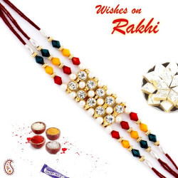 AD and Multicolor Beads Studded Triple Thread Rakhi