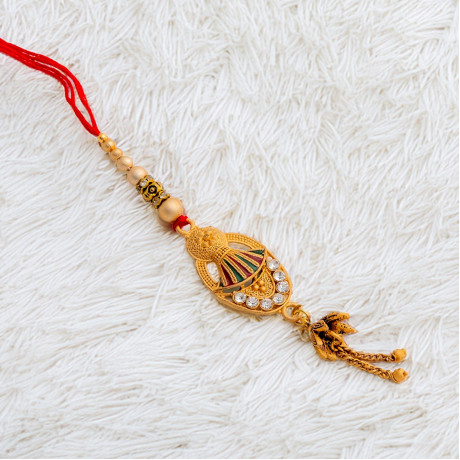 AD Studded Metallic Motif Lumba Rakhi with Pearls and Beads