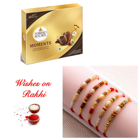 Artisan Set of 5 Pearls Rakhi with Ferrero Rocher Moments