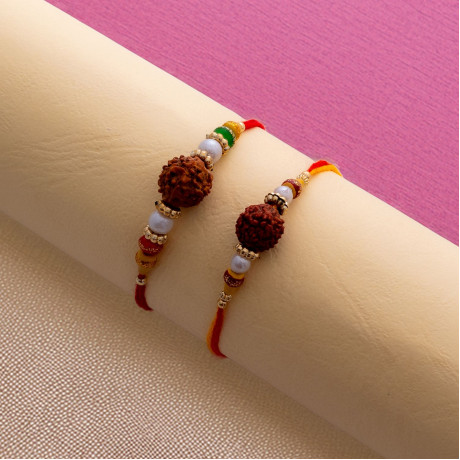 Beautiful Set of 2 Rudraksh Rakhis with Pearls and Beads