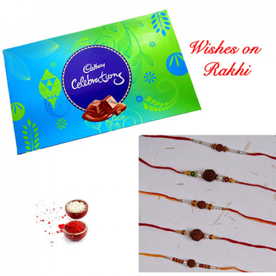 Cadbury Celebrations with Set of 5 Pearls and Rudraksh Rakhis