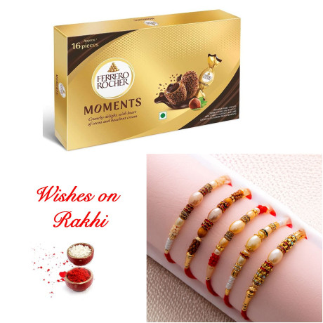 Charming Set of 5 Pearls Rakhi and Ferrero Rocher Moments Combo