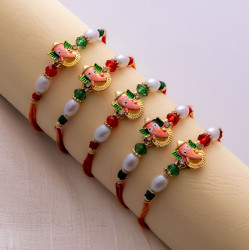 Classic Elegance: Set of 5 Ganeshji Rakhis with Pearls and Beads