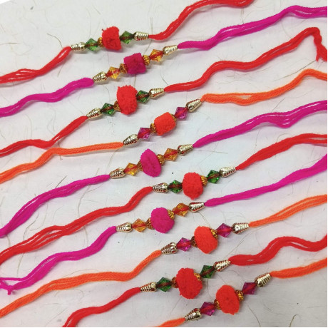 Delightful Set of 10 Rakhis with PomPom and Beads