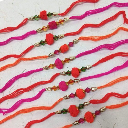 Delightful Set of 10 Rakhis with PomPom and Beads