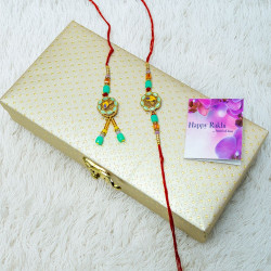 Designer Couple Rakhi Set with Roli Chawal Pack and Decorative Box