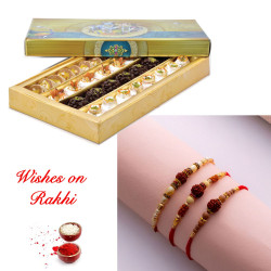 Designer Set of 3 Rudraksh Rakhi with Kaju Mix Delicacies
