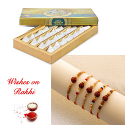 Divine Set of 5 Rudraksh Rakhi with Kaju Katli Treat for Brother