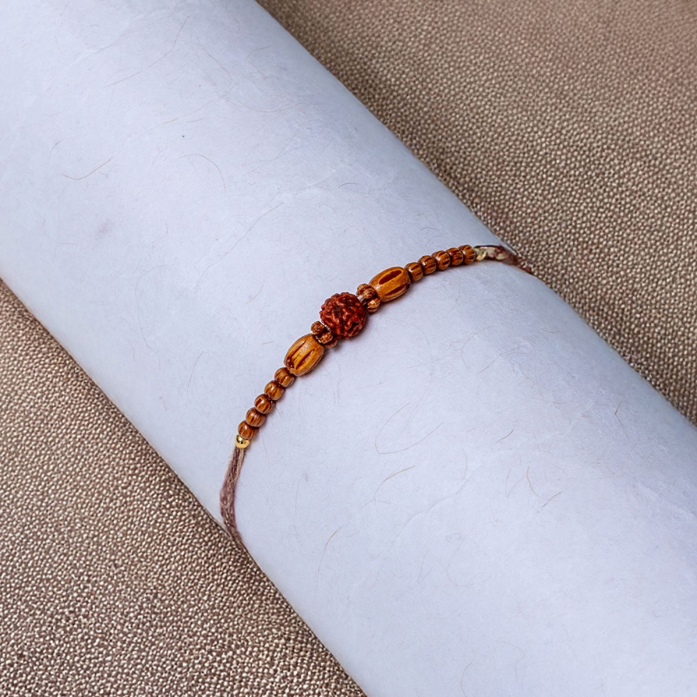 Eco-Friendly Rudraksh and Wooden Bead Rakhi Eco-Friendly Rudraksh and Wooden Bead Rakhi