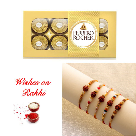 Exclusive Set of 5 Rudraksh Rakhi with Ferrero Rocher Chocolates Exclusive Set of 5 Rudraksh Rakhi with Ferrero Rocher Chocolates