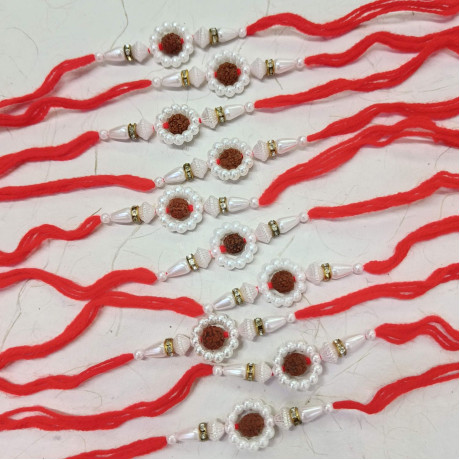 Exquisite Set of 10 Rakhis with Pearls and Rudraksh