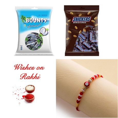 Festive Rakhi with Snickers and Bounty Miniatures Gift Festive Rakhi with Snickers and Bounty Miniatures Gift