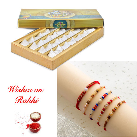 Festive Set of 5 Rakhi with Kaju Katli Treats for Brother Festive Set of 5 Rakhi with Kaju Katli Treats for Brother