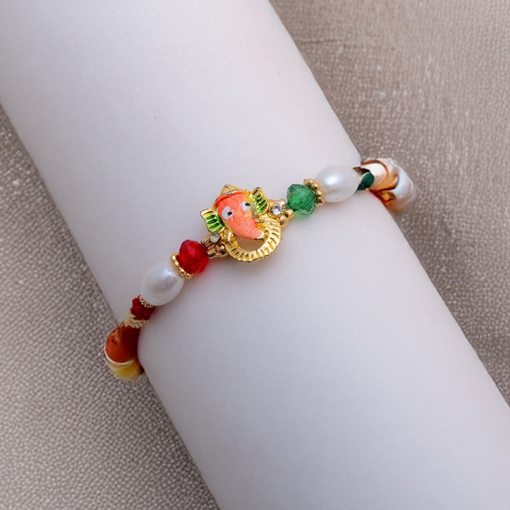 Ganeshji Rakhi with Pearls and Multicolor Beads Ganeshji Rakhi with Pearls and Multicolor Beads