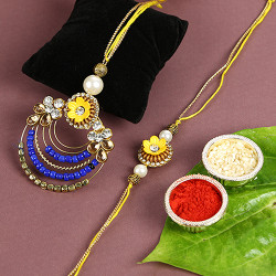 Golden and Indigo Handcrafted Beads-Work Bhaiya Bhabhi Rakhi Set