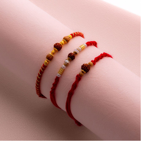 Graceful Set of 3 Rakhis with Rudraksh, Beads and Pearls