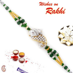 Green and Gold Beads Studded and Paisley Design Rakhi