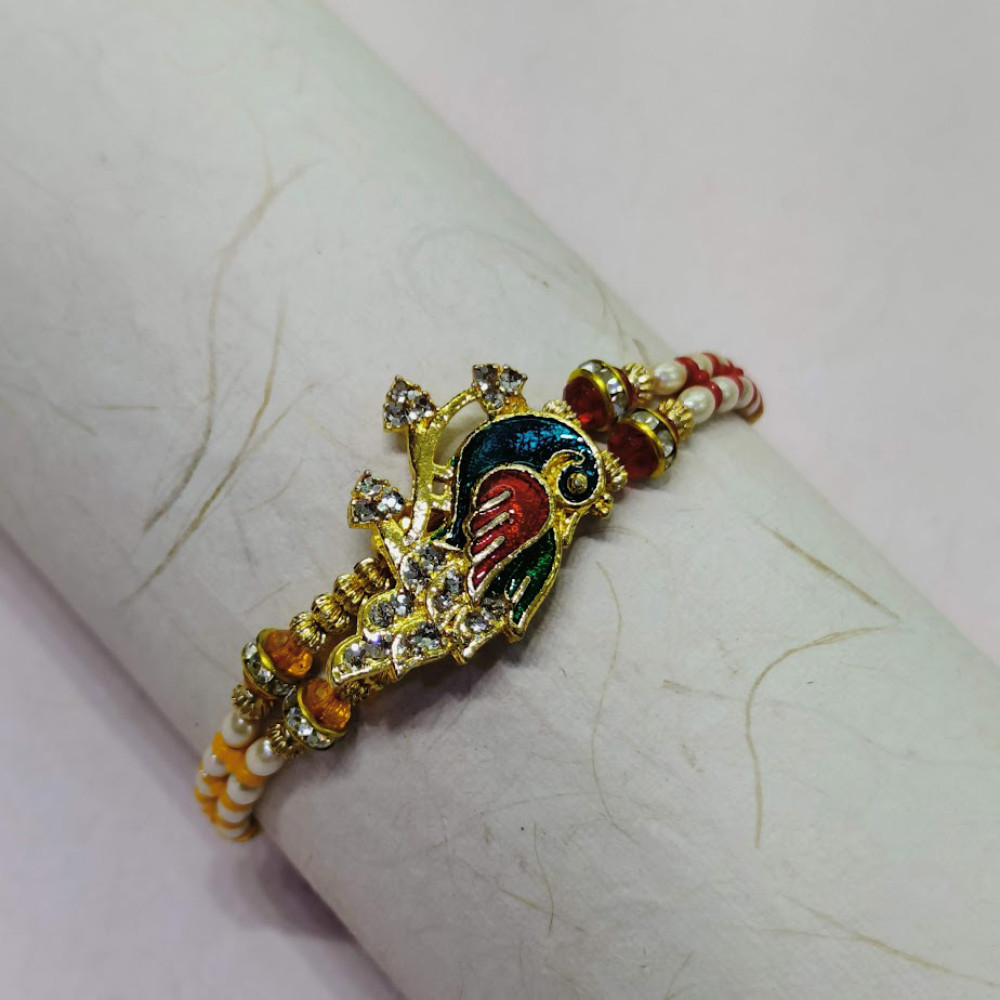 Hand Crafted Meenakari Peacock Rakhi with Beads and AD Hand Crafted Meenakari Peacock Rakhi with Beads and AD