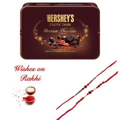 Hersheys Exotic Dark Box with Set of 2 Rudraksha Rakhi Hersheys Exotic Dark Box with Set of 2 Rudraksha Rakhi