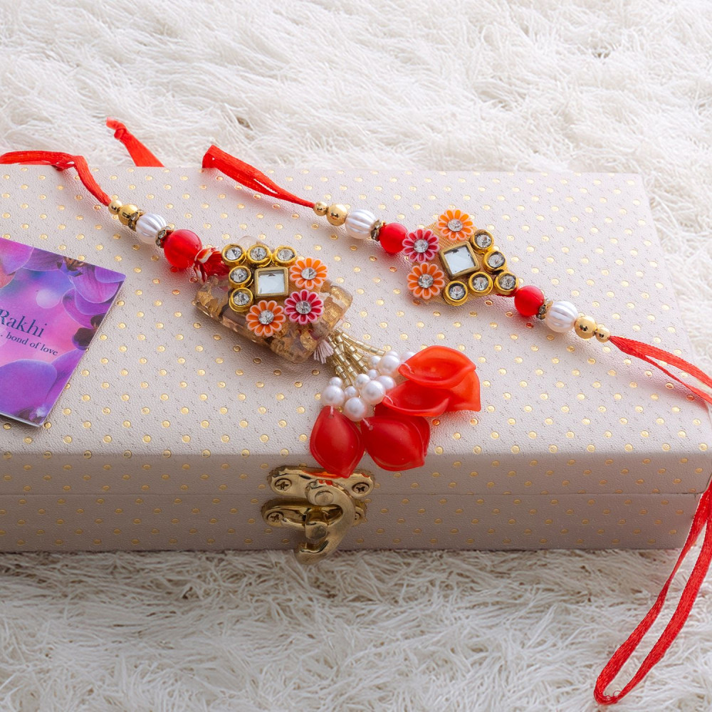 High-End Kundan and Beads Rakhi Lumba in Opulent Box High-End Kundan and Beads Rakhi Lumba in Opulent Box