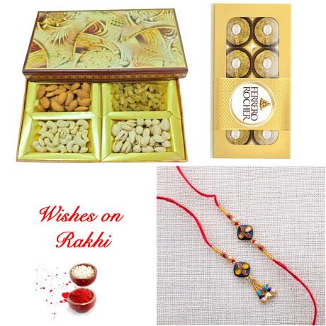 Luxurious Bhaiya Bhabhi Rakhi and Assorted Dry Fruits with Ferrero Rocher Gift Set Luxurious Bhaiya Bhabhi Rakhi and Assorted Dry Fruits with Ferrero Rocher Gift Set