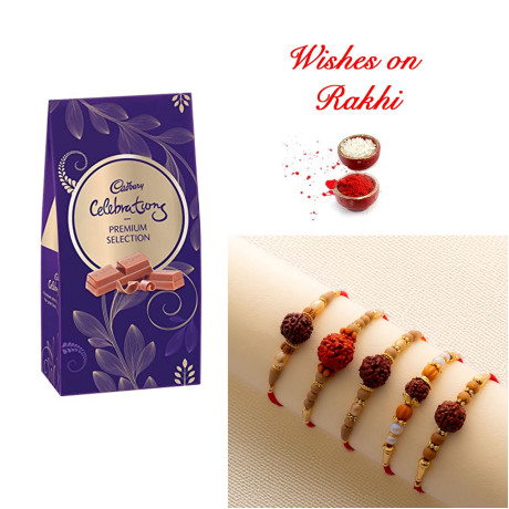 Mesmerizing Set of 5 Rakhi and Cadbury Celebrations Premium Box Mesmerizing Set of 5 Rakhi and Cadbury Celebrations Premium Box