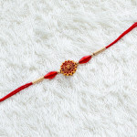 OM Rakhi with Red and Golden Beads