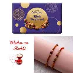 Opulent Rudraksh Rakhi Set and Cadbury Rich Dryfruit Collection Box