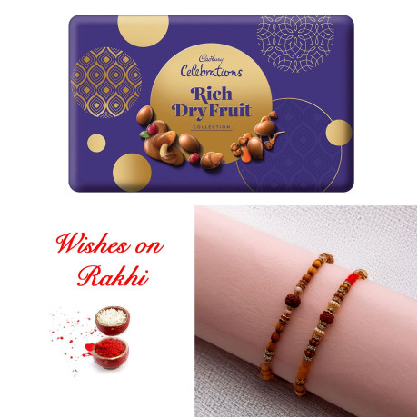 Opulent Rudraksh Rakhi Set and Cadbury Rich Dryfruit Collection Box