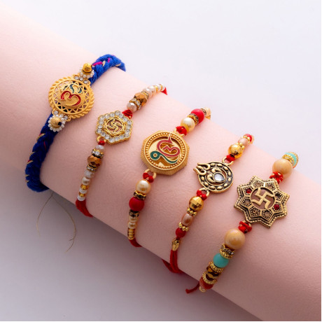 Ornate Set of 5 Rakhis with AD and Beaded Elegance