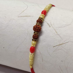 Pearls and Red Beads Work Triple Rudraksha Rakhi