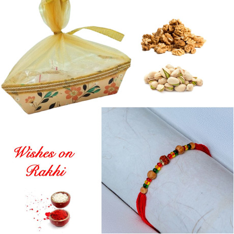 Pistachios and Walnuts Combo with Rudraksh Rakhi Pistachios and Walnuts Combo with Rudraksh Rakhi