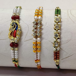 Set of 3 Meena Work Peacock with Pearls and Beads Rakhis
