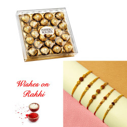 Unique Set of 5 Rakhis and 24 Pcs Ferrero Rocher Chocolates Unique Set of 5 Rakhis and 24 Pcs Ferrero Rocher Chocolates