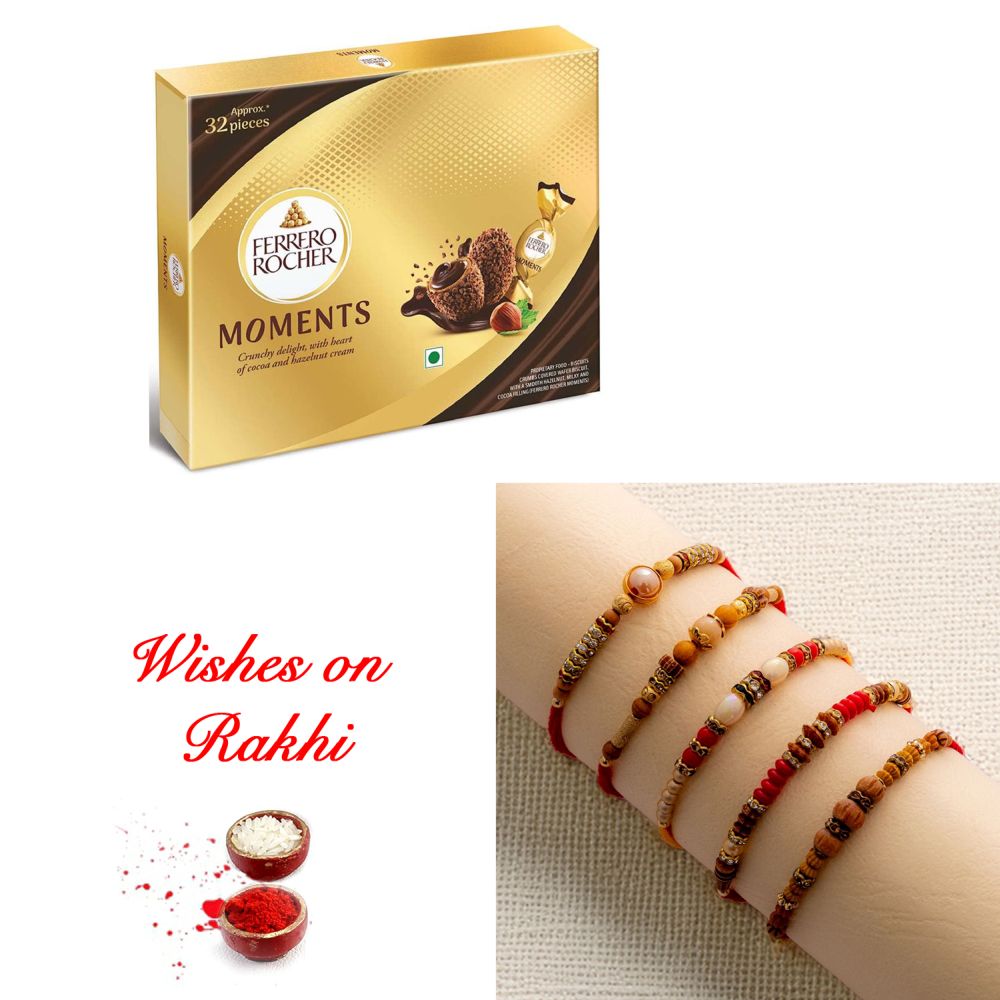 Artisan Set of 5 Rakhi with Ferrero Rocher Moments Artisan Set of 5 Rakhi with Ferrero Rocher Moments