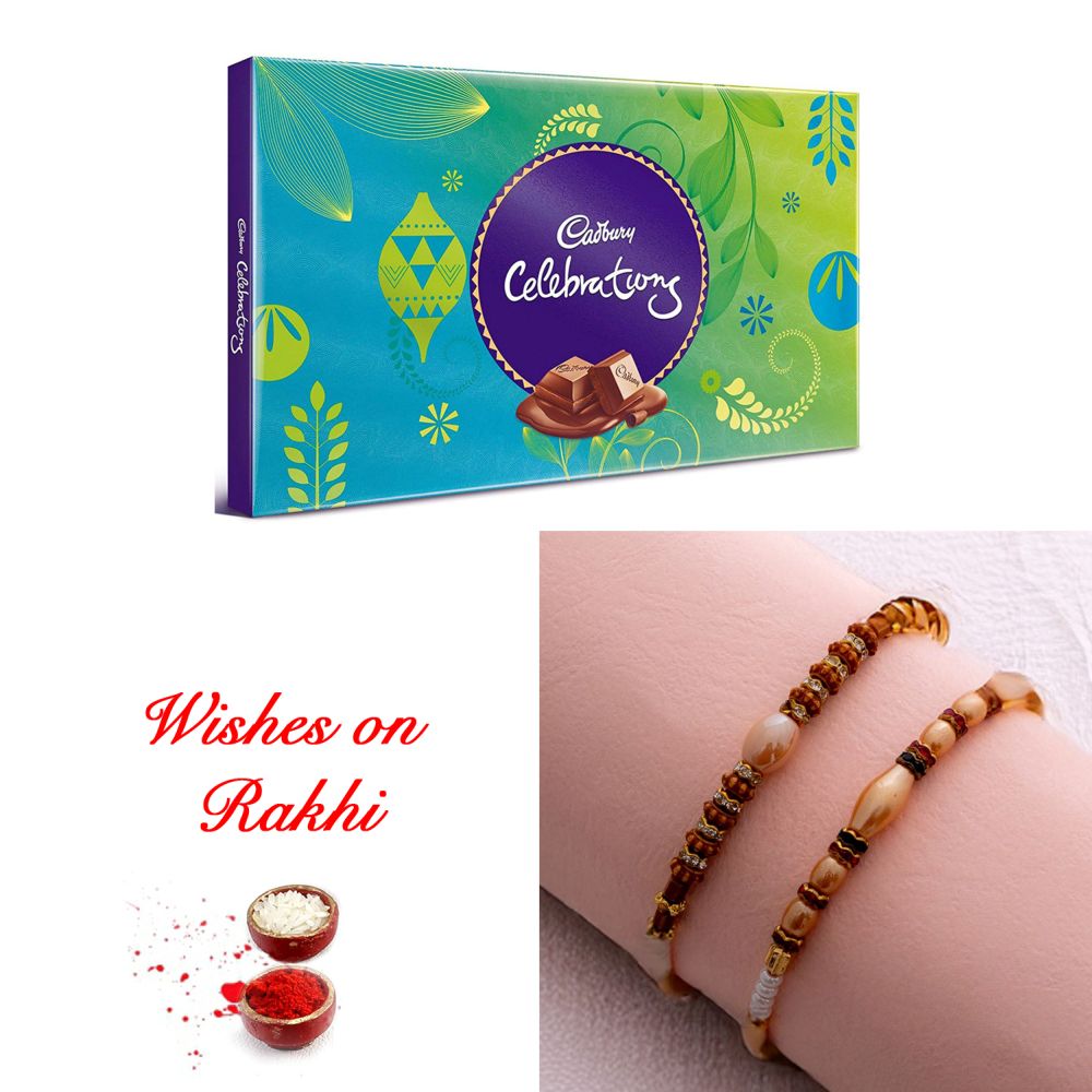 Pearls Rakhi Duo with Cadbury Celebrations Box for Brother Pearls Rakhi Duo with Cadbury Celebrations Box for Brother