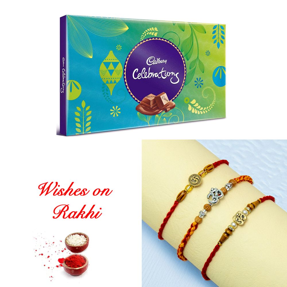 Luminous Set of 3 Rakhi with Cadbury Celebrations Delights Luminous Set of 3 Rakhi with Cadbury Celebrations Delights
