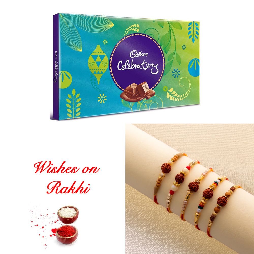 Captivating Set of 5 Rakhi with Cadbury Celebrations Box Captivating Set of 5 Rakhi with Cadbury Celebrations Box