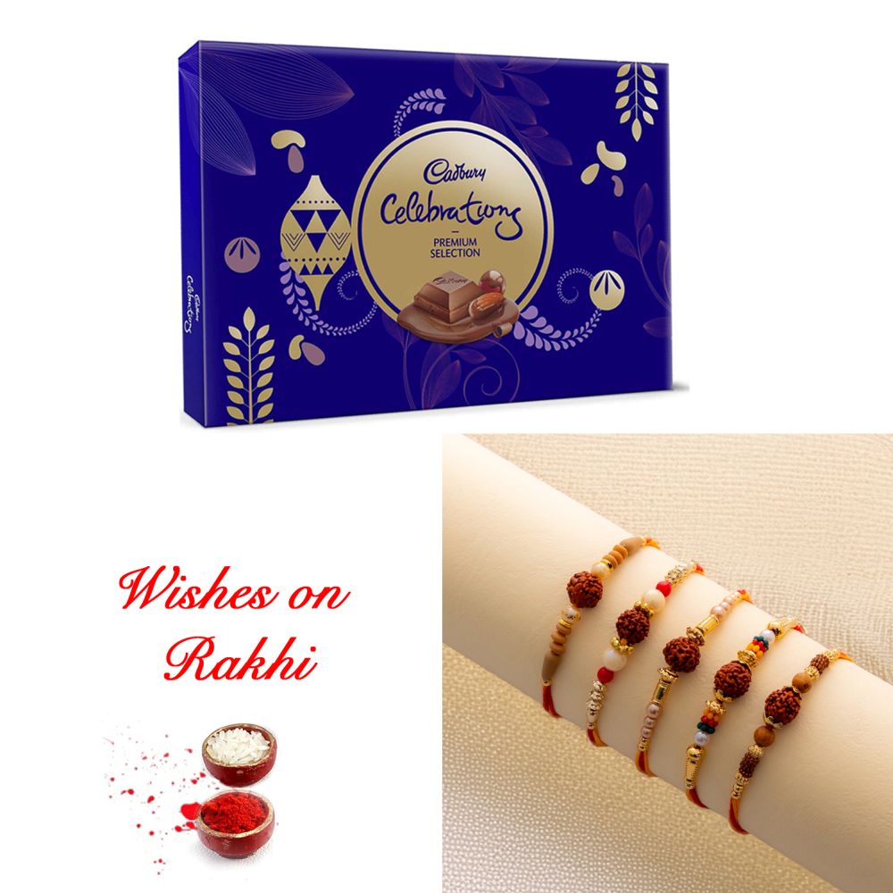 Splendid Set of 5 Rakhi and Cadbury Celebrations Premium Box Splendid Set of 5 Rakhi and Cadbury Celebrations Premium Box