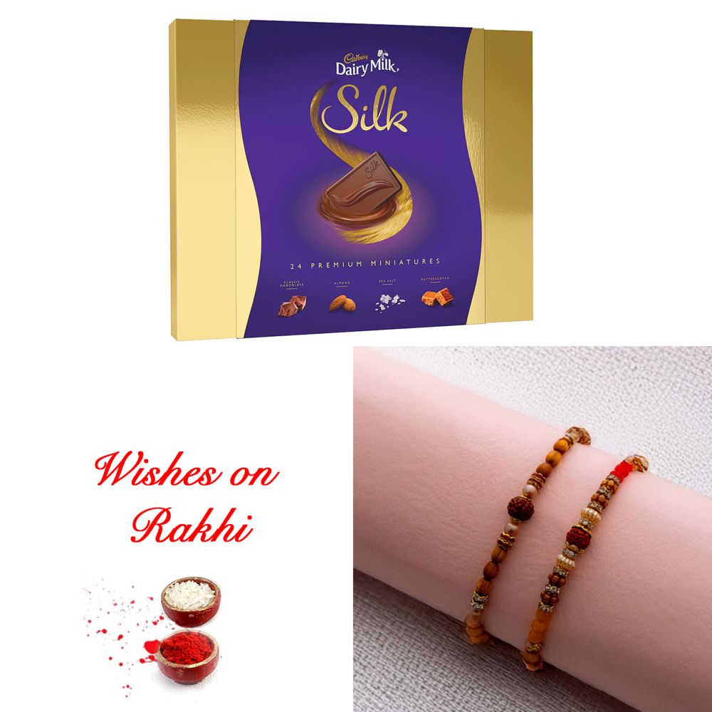 Classic Rudraksh Rakhi Set with Cadbury Silk Miniatures Classic Rudraksh Rakhi Set with Cadbury Silk Miniatures