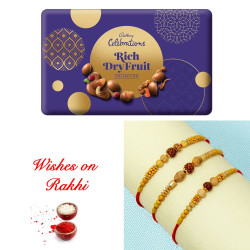 Exquisite Rakhi Trio with Cadbury Rich Dryfruit Collection Chocolates Exquisite Rakhi Trio with Cadbury Rich Dryfruit Collection Chocolates